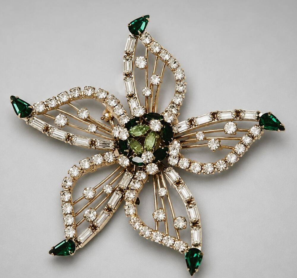 Vintage‎ D’Eri 1/20 12KGF Brooch Pin Green White Rhinestones Large 3" fb1-52